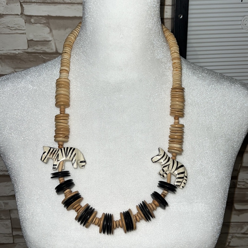 Wood zebra carved necklace